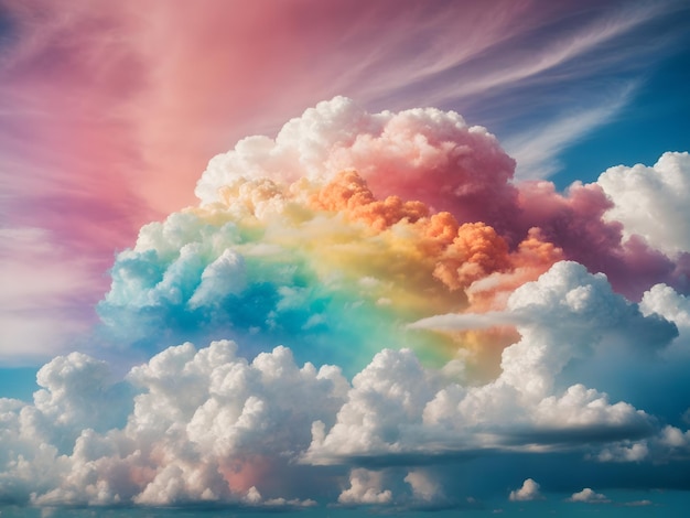 Белые облака в голубом небе и красочная радуга