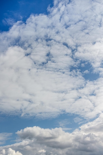 White clouds of different shapes in blue sky, vertical format_