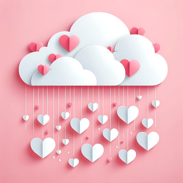 Photo white clouds releasing heartshaped rain on pink