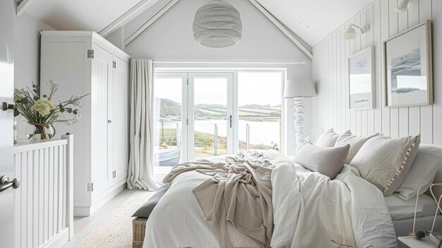 White coastal cottage bedroom decor interior design and home decor bed with elegant bedding and bespoke furniture English country house and holiday rental