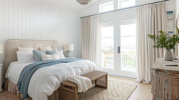 색 해안 코티지 침실 장식 인테리어 디자인 및 가정 장식 우아한 침대 및 맞춤형 가구 영국 시골 주택 및 휴가 임대