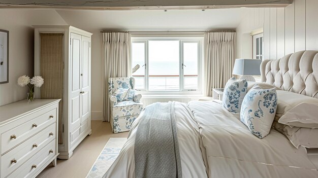 Белая прибрежная коттеджная спальня декорация дизайна интерьера и декорации дома кровать с элегантными постельными принадлежностями и мебелью на заказ английский загородный дом и аренда для отдыха