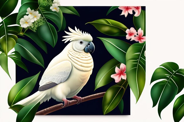 White cockatoo in exotic jungle full of tropical leaves and large flowers