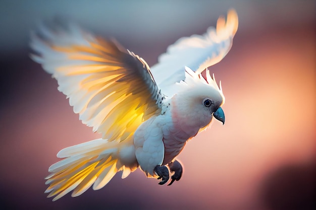 A white cockatoo is flying in front of a pink background