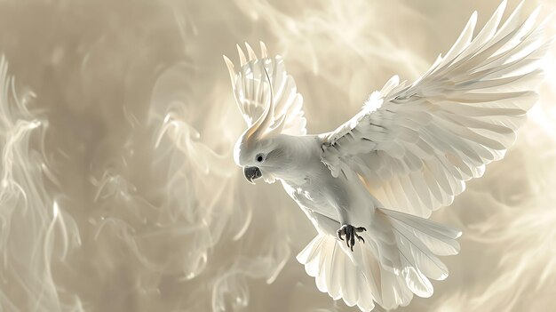 A white cockatoo is flying in the sky Its wings are spread wide and its feathers are ruffled The background is a soft cloudy white