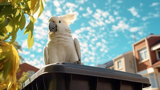 White cockatoo parrot sitting on a trash can outdoors High quality photo