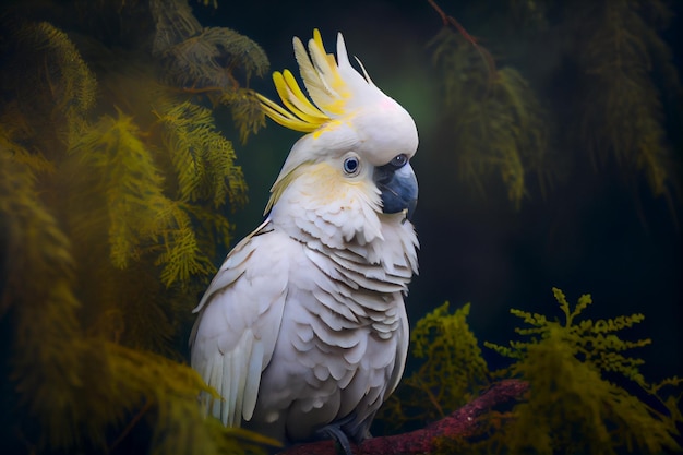 A white cockatoo sits on a branch with green leaves