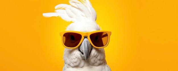 White cockatoo wears sunglasses over yellow background