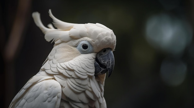 A white cockatoo with a black beak and blue eyes.