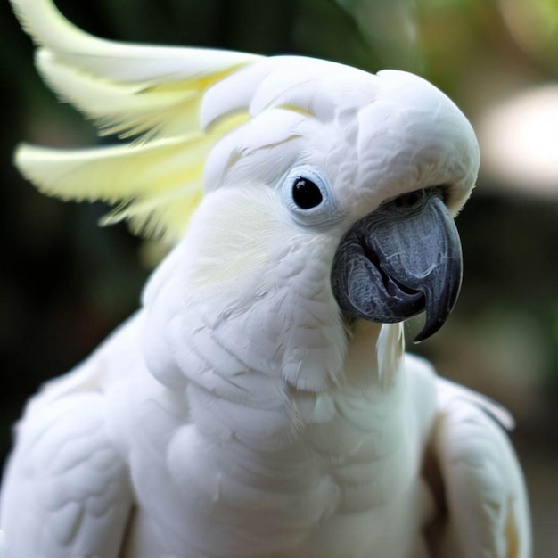 A white cockatoo with a black beak and blue eyes.