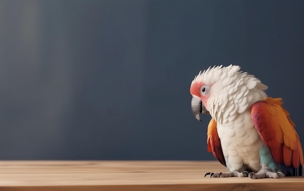 빨간 머리를 가진 흰색 앵무새가 나무 테이블에 앉아 있습니다.