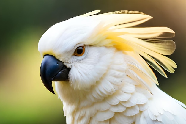 A white cockatoo with yellow feathers and a yellow beak.