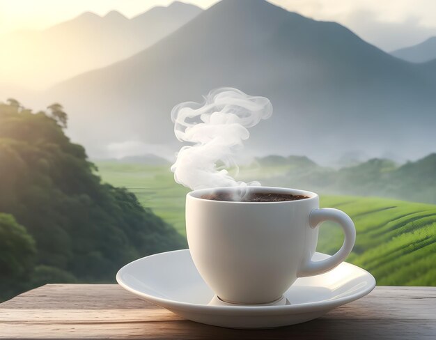 Foto una tazza di caffè bianca e una bella vista sulle montagne in inverno