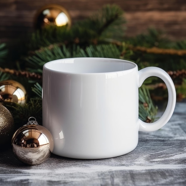 White coffee cup and christmas decorations on white marble background