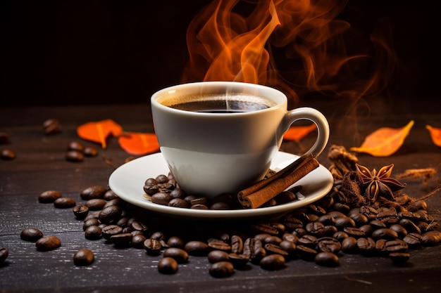 White coffee cup and coffee beans on old wooden background