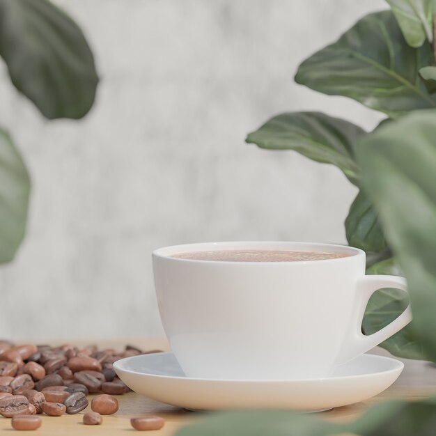 White Coffee cup and coffee beans on wood table with plant 