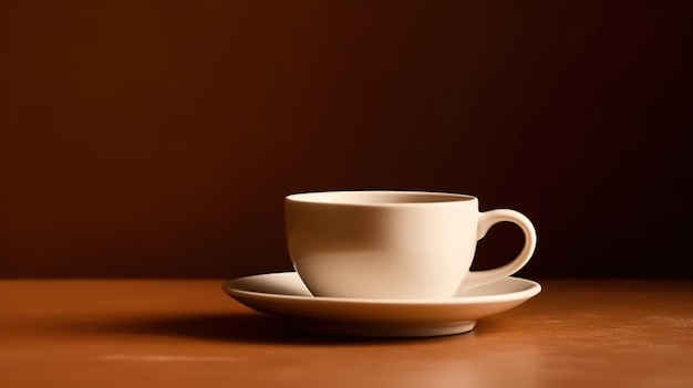 A white coffee cup and saucer on a table