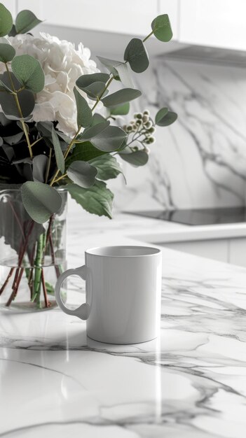 A white coffee cup sits on a marble countertop next to a vase of flowers