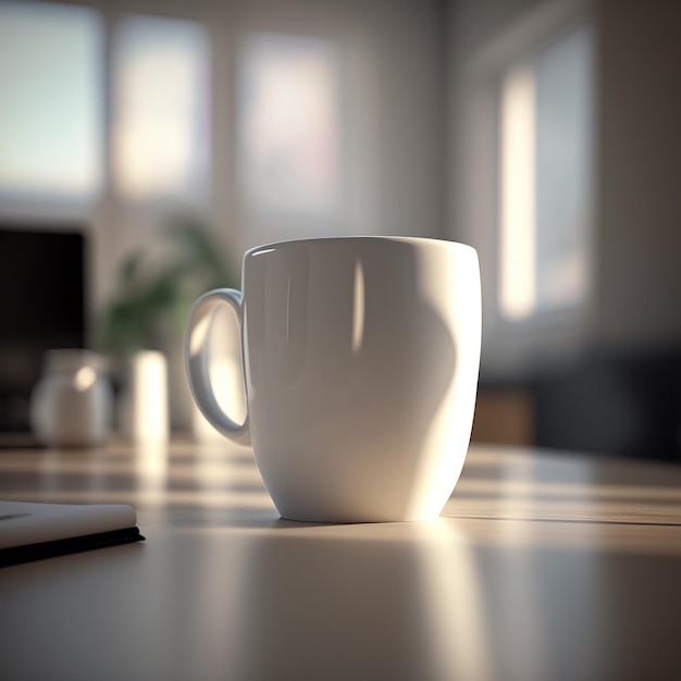 A white coffee cup sits on a table in a bright room.