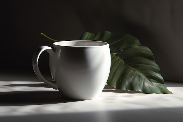 A white coffee cup sits on a table next to a leaf.