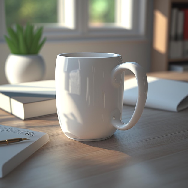 A white coffee cup sits on a wooden table next to a book and a pen.