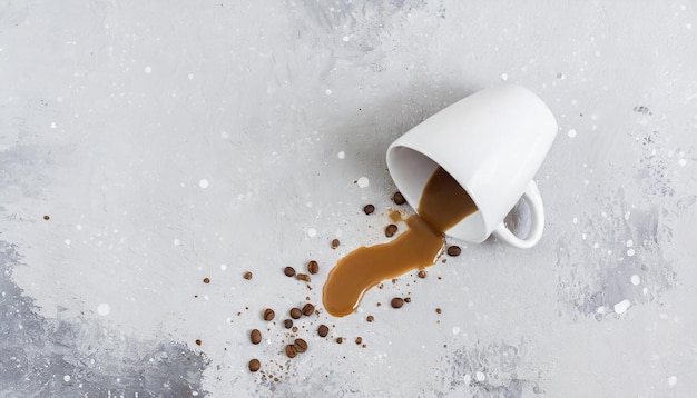 White Coffee Cup Spilled on a White Surface White Background