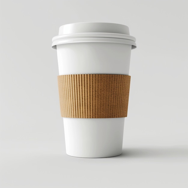 a white coffee cup with a brown label on it