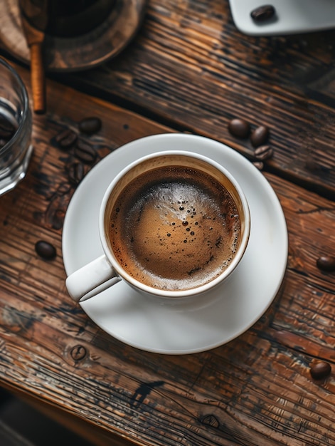 A white coffee cup with coffee in it sits on a wooden table