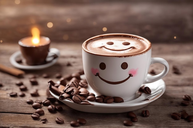 white coffee cup with happy face on coffee feed