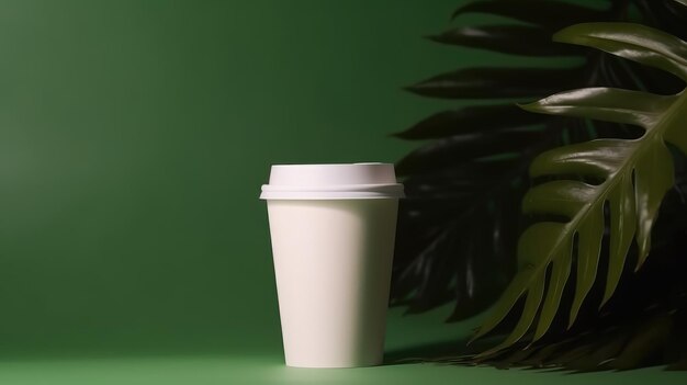 A white coffee cup with a lid sits next to a green plant