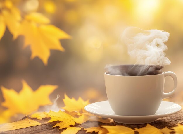 Photo white coffee cup with white smoke placed on a natural autumn ai generated