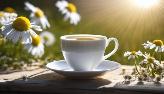 A white coffee cup with a yellow flower in the background