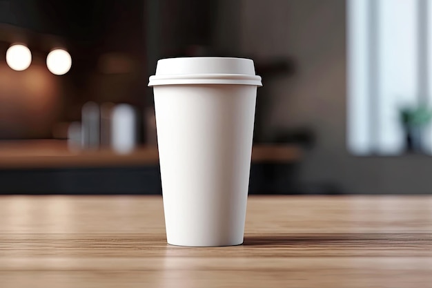 White coffee to go cup on wooden table mockup Generative AI