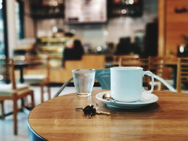 White coffee mug in cafe