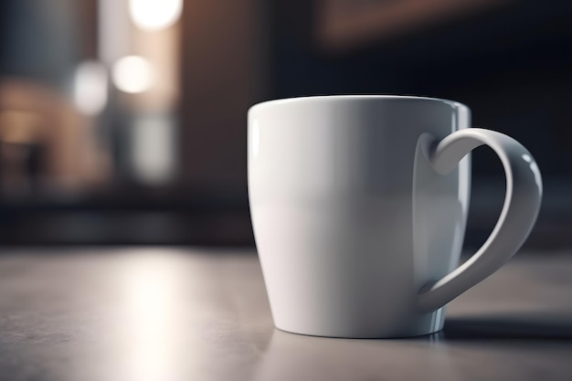 A white coffee mug is on a table with a phone on it.