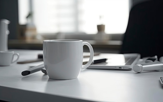 A white coffee mug sits on a desk next to a laptop.