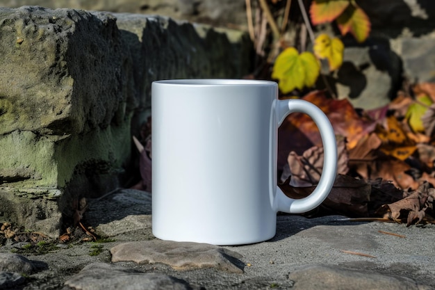 Foto una tazza di caffè bianca si trova su una sporgenza di pietra