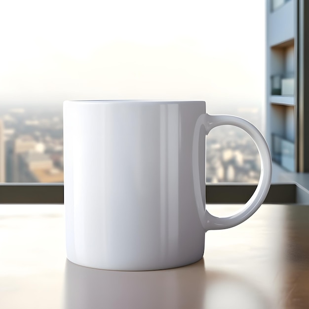a white coffee mug sits on a table in front of a window.