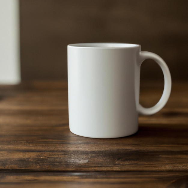 A white coffee mug standing on wooden floor