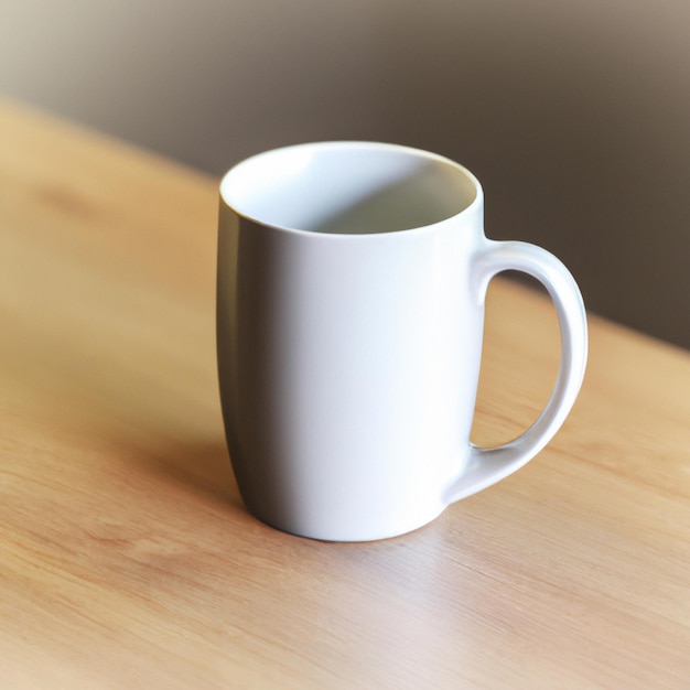 A white coffee mug standing on wooden floor