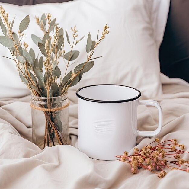 Photo a white coffee mug with a plant in it next to a vase with flowers