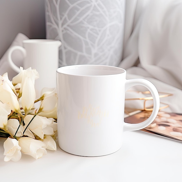 Photo a white coffee mug with the word  happy  on it