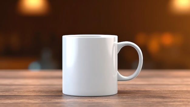 A white coffee mug on a wooden table with a blurred background.