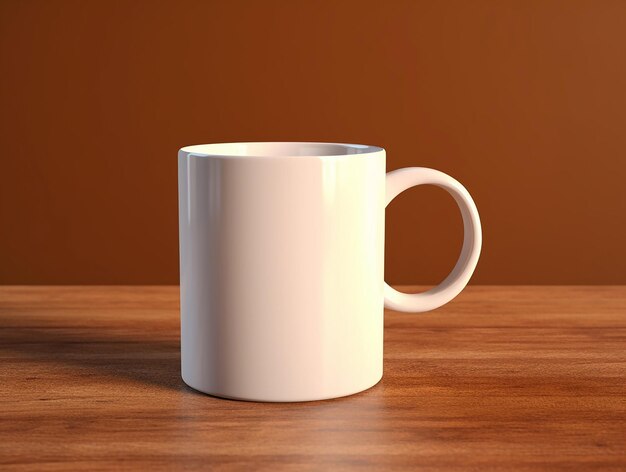 A white coffee mug on a wooden table with a brown background.