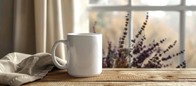 White Coffee Mug on Wooden Table