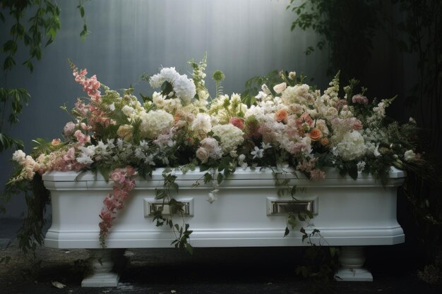 Photo white coffin and flowers in mortuary