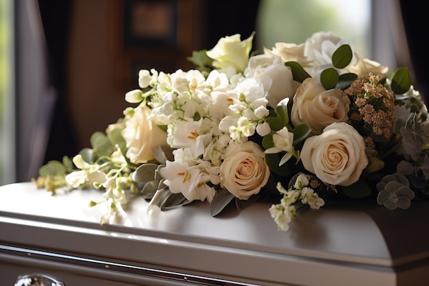 花を飾った白い棺 葬儀の概念
