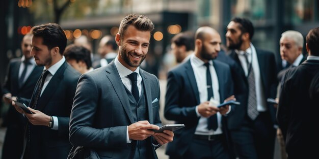 White collar workers meeting outdoors in a city