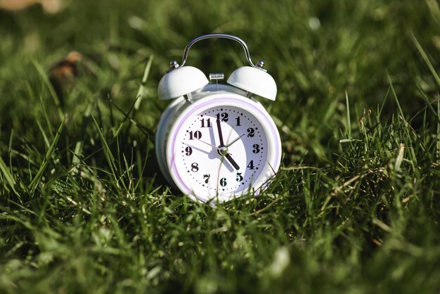 White color alarm clock on green grass Time circadian rhythm early rise concept