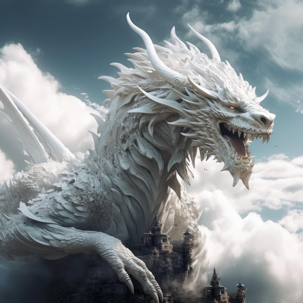 White color dragon on high above the sky with cloud